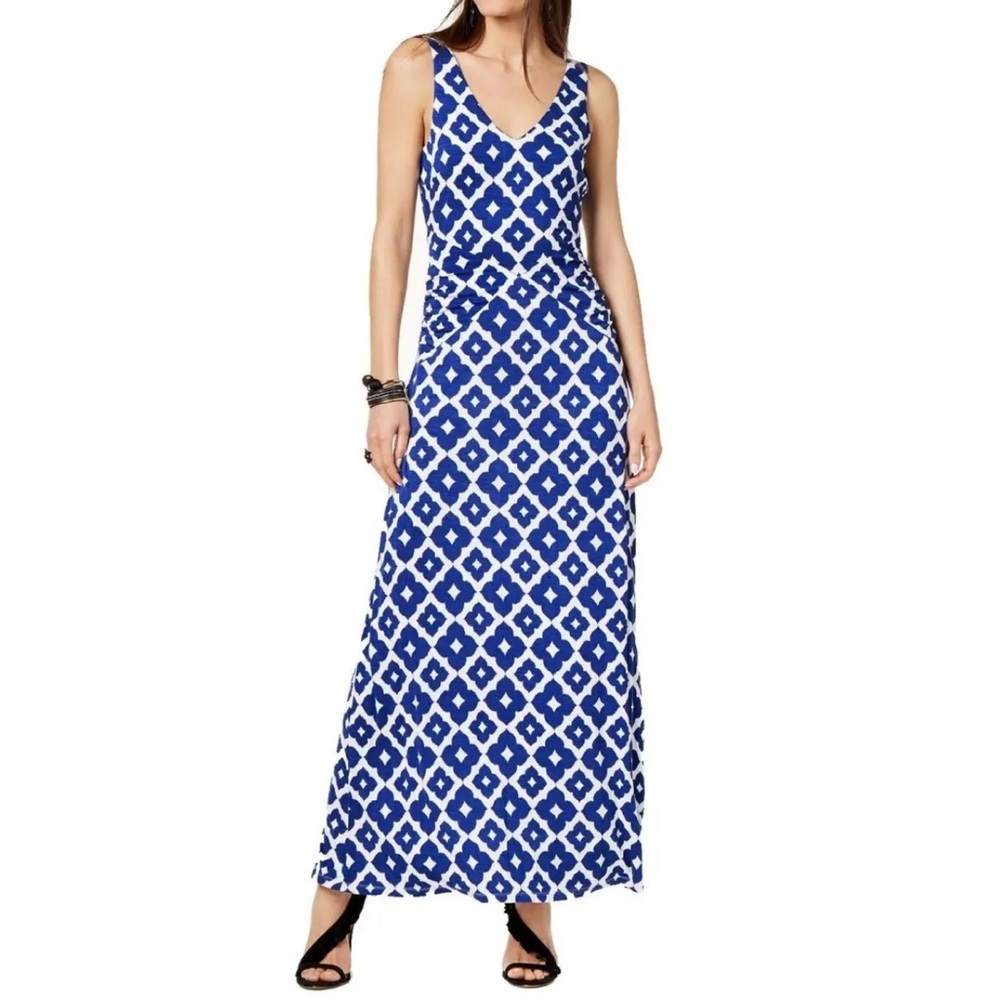 INC International Concepts blue white print sleeveless ruched side maxi dress L